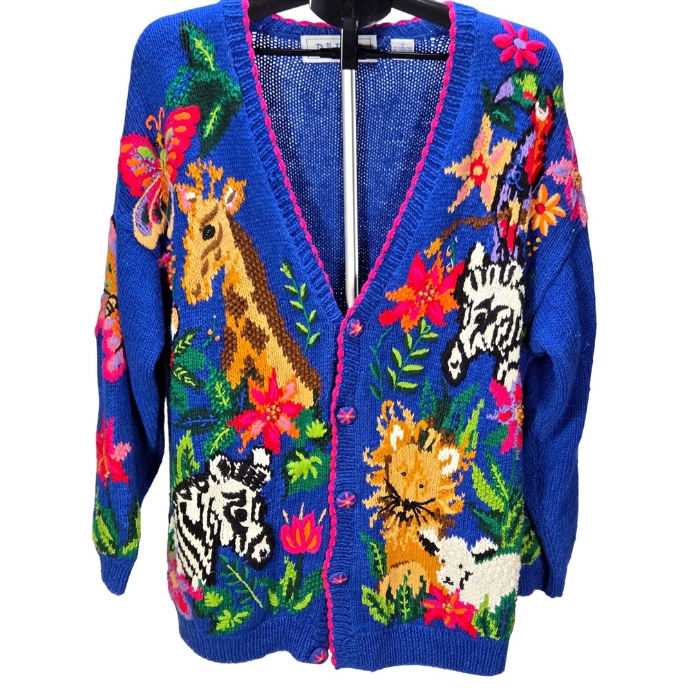 VTG BellePointe 1X Jungle Animal Embroidered Beaded Novelty Cardigan Sweater